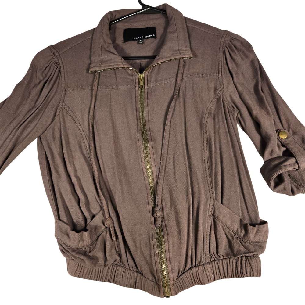 Naked Zebra Womens Taupe Brown Zip Up Utility Bomber Jacket Roll Tab Sleeve S